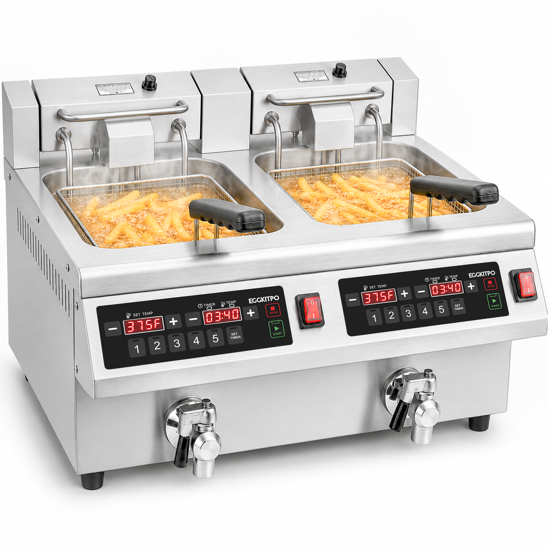 EGGKITPO 25.4 QT Dual Tank Commercial Deep Fryer with Timer and Oil Drain Large Electric Countertop Fryer with Temperature Control, Solid Basket, Night Cover for Restaurant and Business Use 120V 3600W 