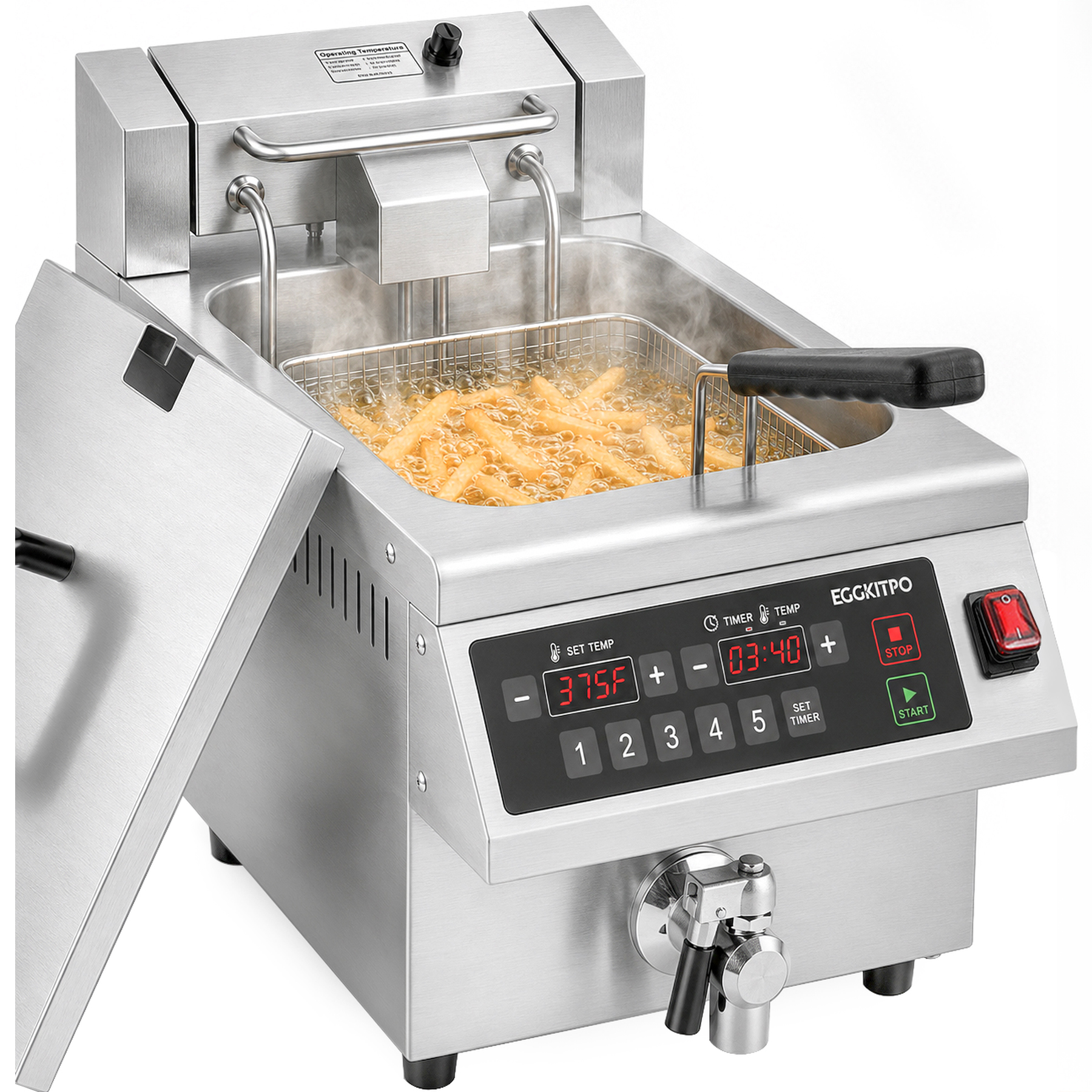 EGGKITPO 12.6QT Commercial Deep Fryer with Timer and Oil Drain 120V 1800W Electric Fryer with Solid Basket, Lid, 304 Stainless Steel Tank Digital Control Countertop Frying Machine for Home Restaurant 