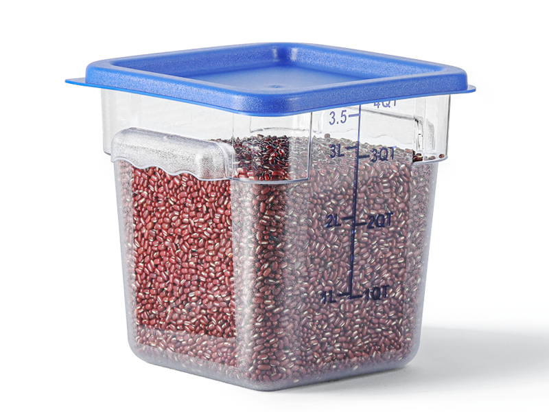 EGGKITPO 4 Pack 4 QT Food Storage Containers with Blue Lids Hot Cold Resistant Stackable Square Commercial Container Set with Handle, Clear Scarle Home Party Food Organizion BPA-Free Polycarbonate